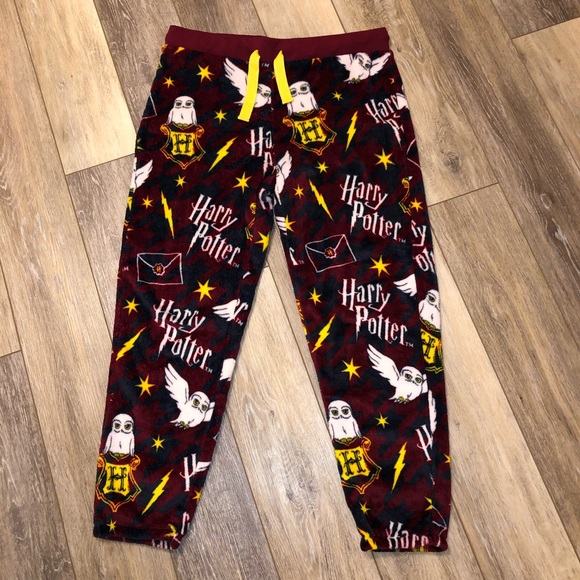 HARRY POTTER Owls Hedwig Logo Soft Fleece Pajama Bottom Pants Sz L 12/14 Maroon - Picture 1 of 6